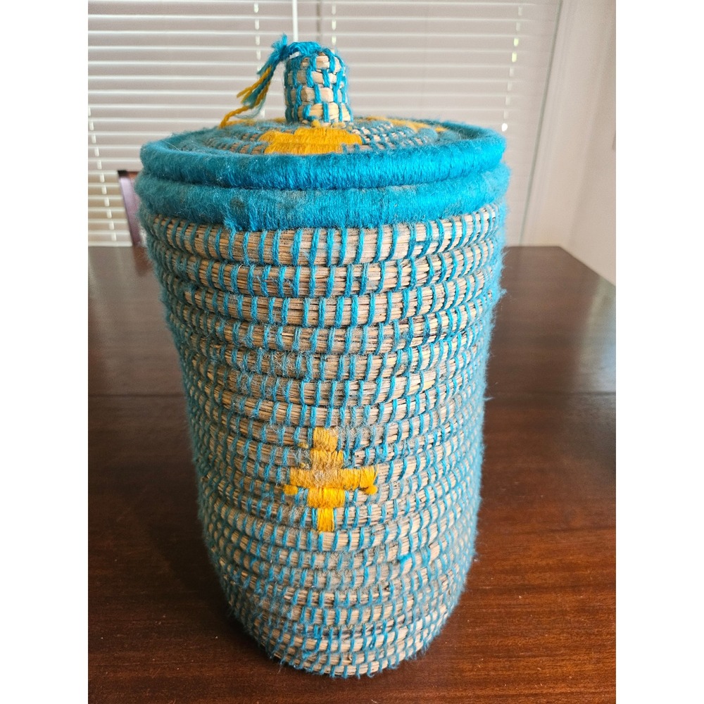 Woven Lidded Basket Home Decor Medium Blue Yellow Boho Tribal Storage
